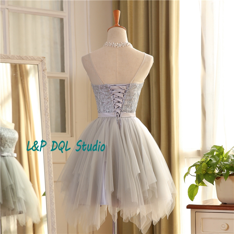 Light Gray Bridesmaid Dresses Knee-Length pleats Tulle with Sequins Bridesmaid GownsCountry Style Real Photos