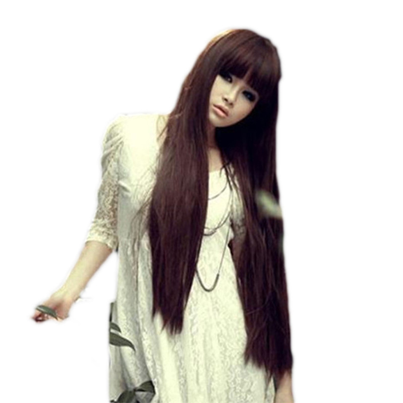 WoodFestival long black wig with bangs brown Straight Wigs For Women Hair neat bang synthetic fiber cosplay