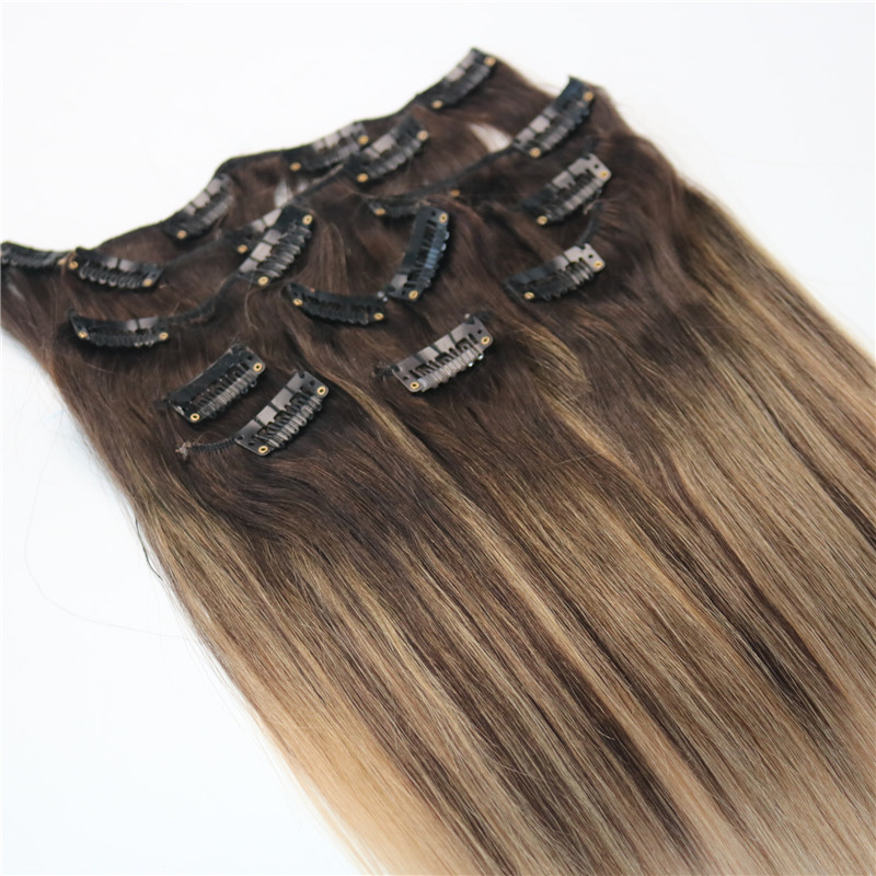 #4/#18 8A 7pcs 120gram Clip In Human Hair Extensions Ombre Dark Brown Root To Ash Blonde Balayage Highlights Hairstyle