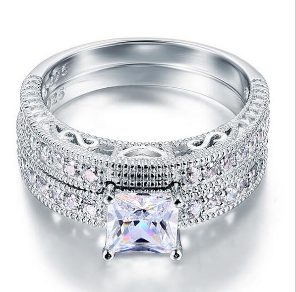 Wholesale Luxury Jewelry Custom Ring 10KT White Gold Filled White Topaz Princess Cut Simulated Diamond Wedding Women Ring Set Gift Size 5-11