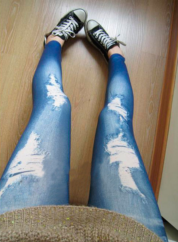 Wholesale- Ripped Denim Jeans Look Skinny Jeggings Tights Pants Trousers Blue