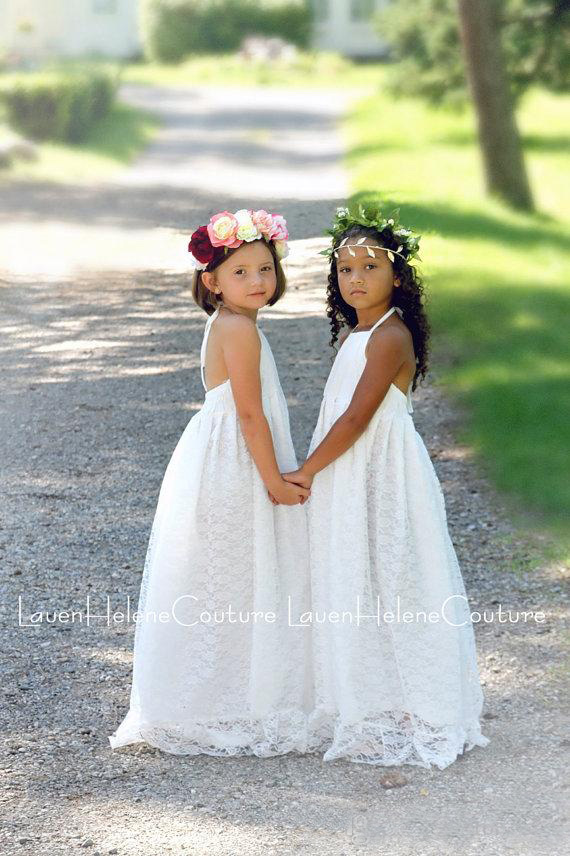 Beach Boho Flower Girls Dresses For Weddings 2017 Cheap Halter Full Lace Backless Floor Length First Communion Dresses Custom Made EN4064