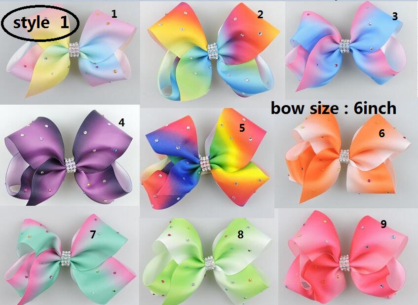 Ombre rainbow ribbon hair bow clip 6inch Large rhinestone hair bow 20pcs/