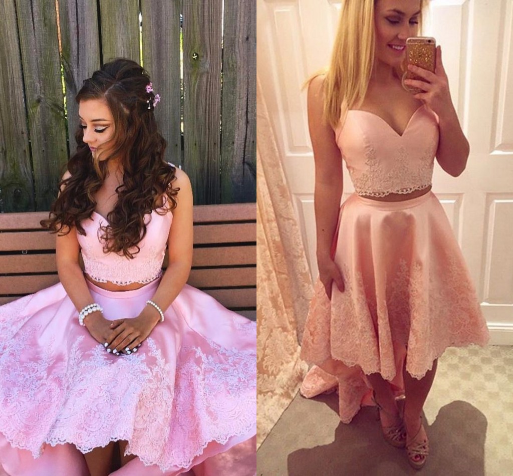 Blush Pink Two Piece Prom Dresses Sweetheart Appliques Lace Satin Backless High Low Party Dresses Homecoming Dresses, Champagne
Blush Pink Two Piece Prom Dresses Sweetheart Appliques Lace Satin Backless High Low Party Dresses Homecoming Dresses, Champagne