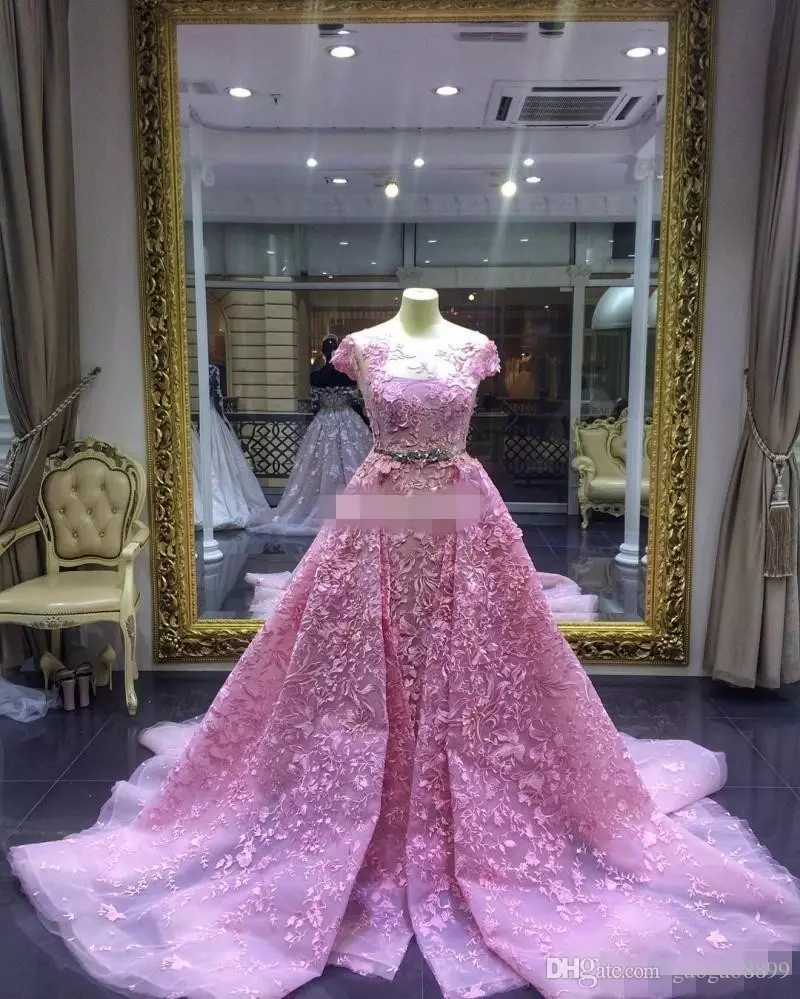Luxury Pink Mermaid Prom Dresses With Detachable Train Lace Appliqued Formal Evening Gowns Short Sleeves Jewel Neckline Party Dress