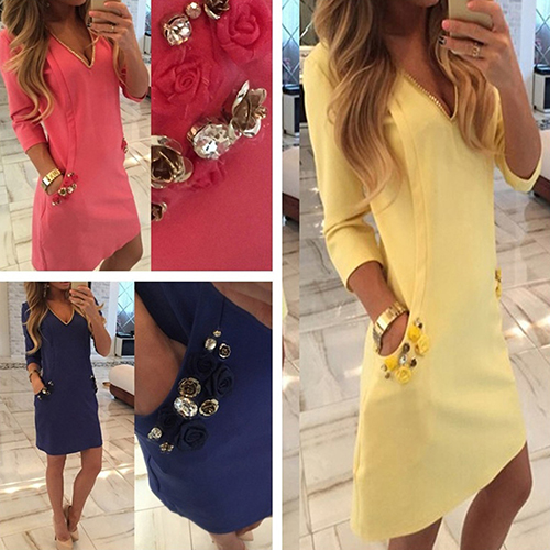 Wholesale- omen's Fashion Pure Color Package Hips Dress Sexy Deep V-neck Party Dresses 09WG