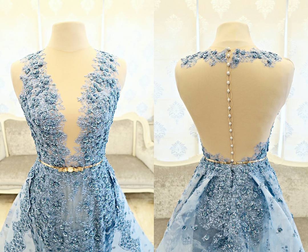 Light Sky Blue Overskirt Mermaid Dresses Evening Wear Plunging Neck Lace Applique Backless Formal Dress Sweep Train Tulle Long Prom Gowns