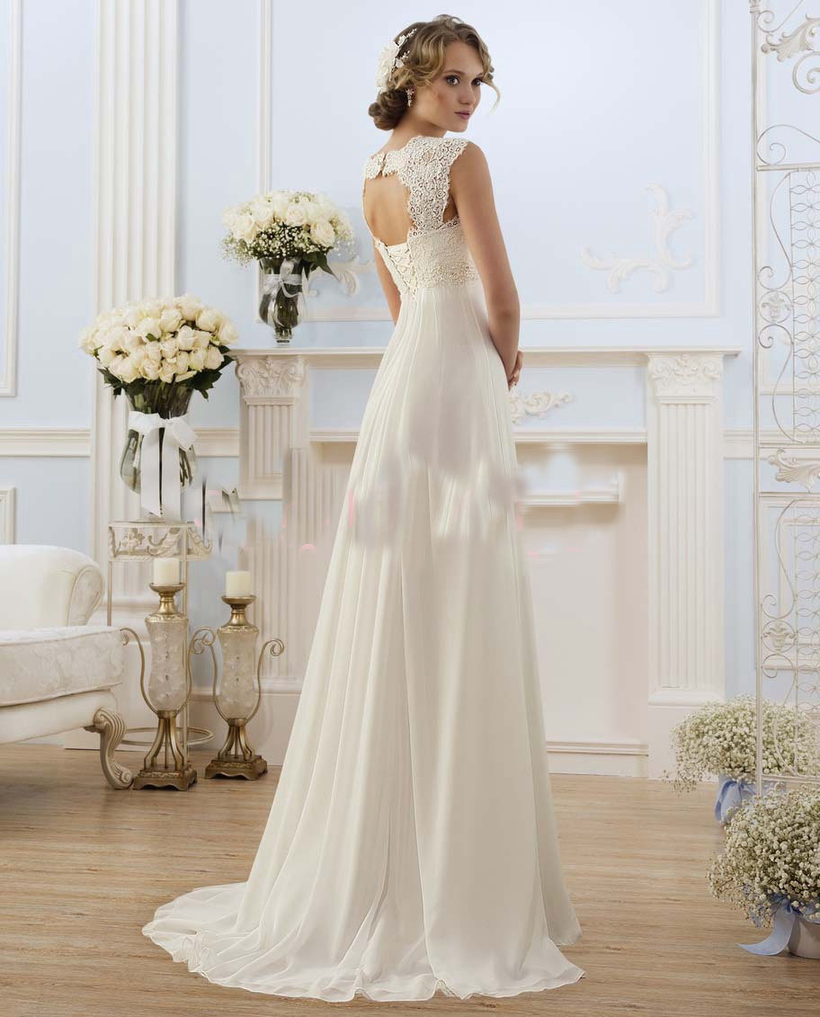 Romantic Chiffon Wedding Dresses Summer Lace Top Cap Sleeve Keyhole Back Beach Wedding Dress Pregnant Bridal Gown