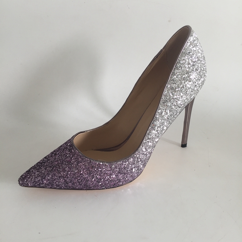 Silver Purple Glitter Wedding Shoes Pointed Toe Stilettos High Heels Slip On Pump Heels Plus Size EU34-46 Summer Bridal Shoes Pumps