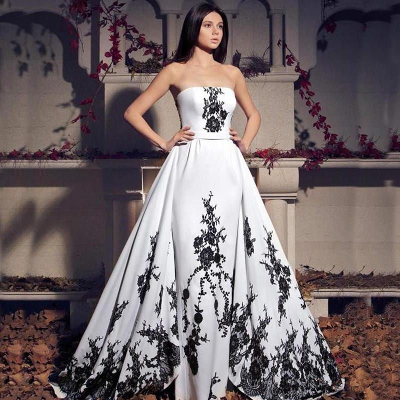 White and Black Sheath Wedding Dresses With Detachable Skirt Elegant Applique Strapless Satin Long Bridal Gowns 2019 New Custom Made W801, Custom made from color chart
White and Black Sheath Wedding Dresses With Detachable Skirt Elegant Applique Strapless Satin Long Bridal Gowns 2019 New Custom Made W801, Custom made from color chart