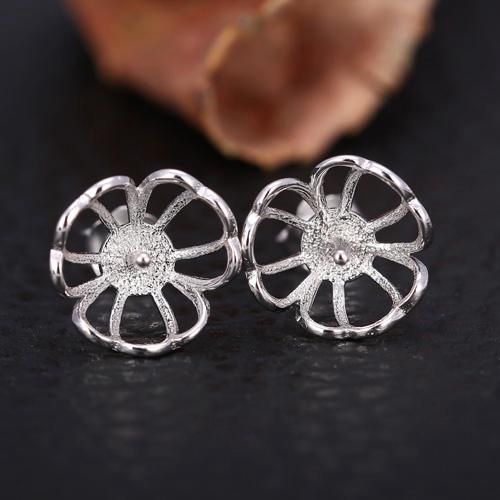 Fine Silver 925 Sterling Silver Plated White Gold 6-9mm Pearl Semi Mount Women Stud Earrings Jewelry Setting