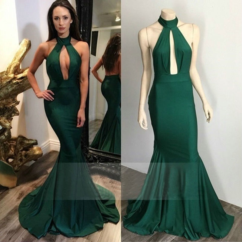 New Fashion Emerald Green Long Prom Dress Halter Floor Length Girls Cheap Graduation Banquet Evening Party Gown Custom Made Plus Size
