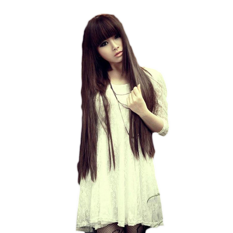 WoodFestival long black wig with bangs brown Straight Wigs For Women Hair neat bang synthetic fiber cosplay
