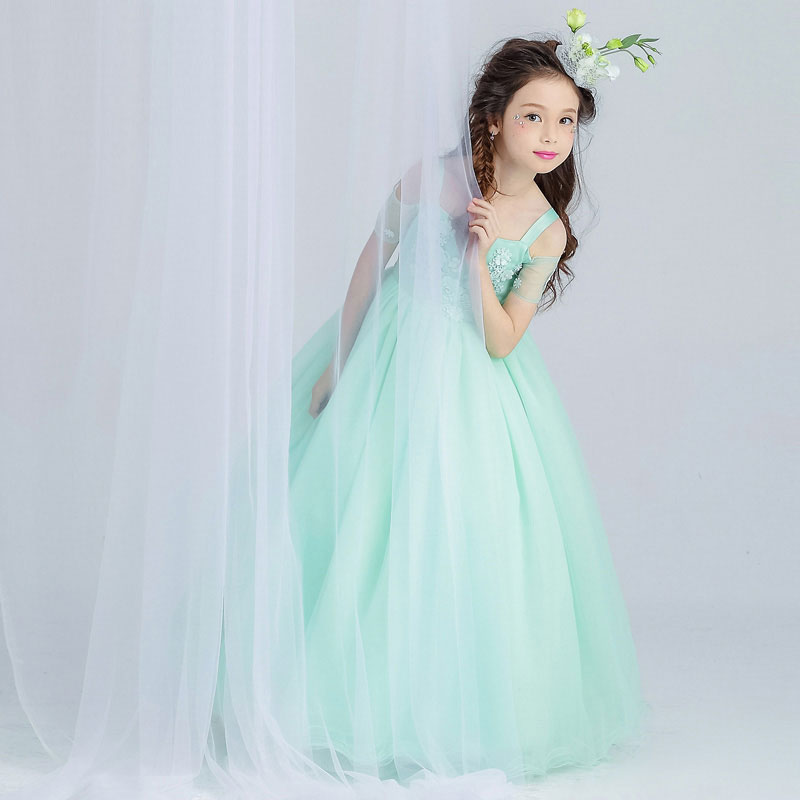 Mint Green Elegant Tulle Lace Flower Girl Wedding Dress Ankle Length Appliques Bead Kids Party Prom Dress First Communion Dresses