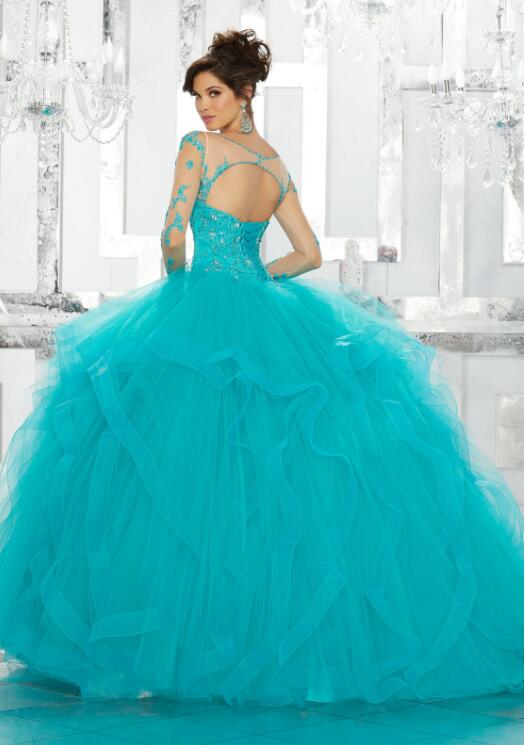 Custom Made Quinceanera Dresses Lace Applique Sequins Long Sleeve Blue Ball Gown Tulle Sweet 15 Gowns Plus Size