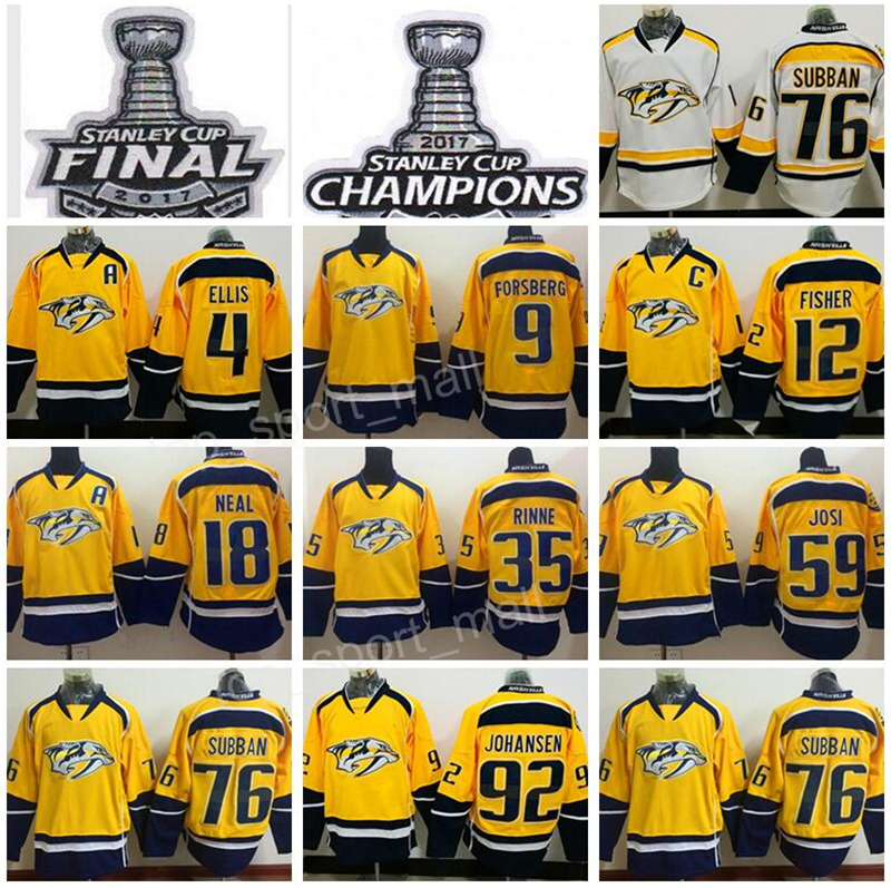 2017 Stanley Cup Jersey Final Patch Champion Hockey Nashville Predators 4 Ryan Ellis 9 Filip Forsberg 12 Mike Fisher James Neal White Yellow, Black;red
2017 Stanley Cup Jersey Final Patch Champion Hockey Nashville Predators 4 Ryan Ellis 9 Filip Forsberg 12 Mike Fisher James Neal White Yellow, Black;red