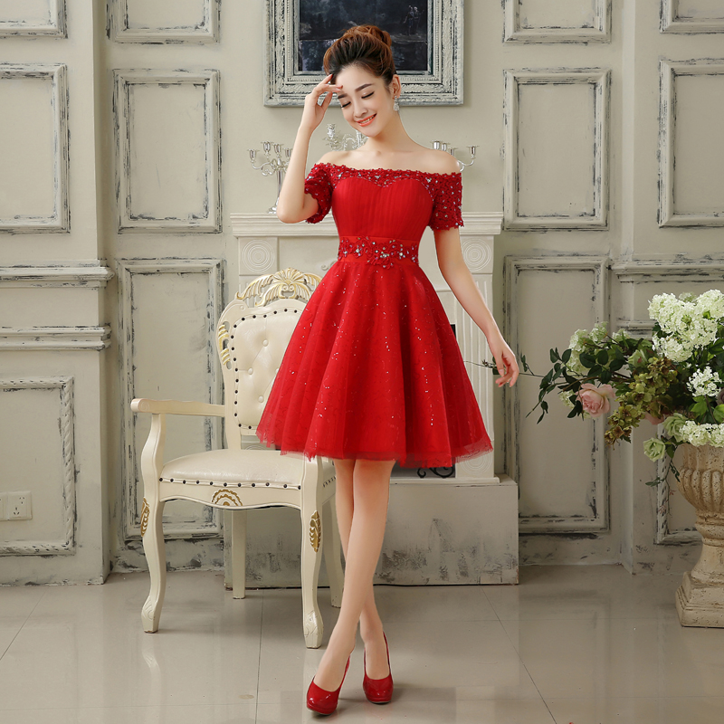 New Red Evening Dresses with Short Sleeve Elegant Girls Women Bride Gown Fashion Off the Shoulder Ball Prom Party Graduation Formal Dress