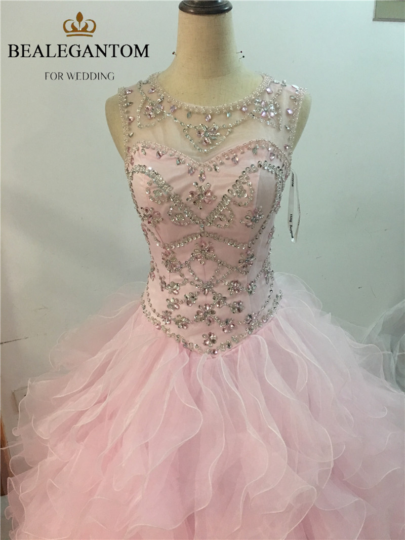 2017 Sexy Pink Backless Crystal Ball Gown Quinceanera Dresses with Sequined Beading Plus Size Sweet 16 Dresses Vestido Debutante Gowns BQ35