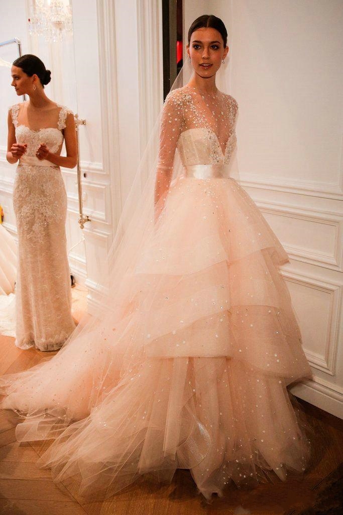 2022 Wedding Bridal Dress Sheer Neck A Line Sexy Long Sleeves Ruffles Tulle Illusion Back Pearls Beaded Monique Lhuillier Bridal Gowns