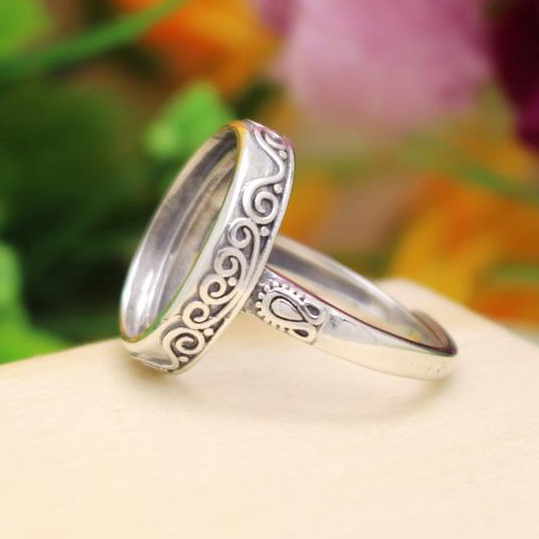 Art Nouveau 925 Sterling Silver Engagement Ring 14x17mm Oval Cabochon Semi Mount Fine Silver Ring Setting