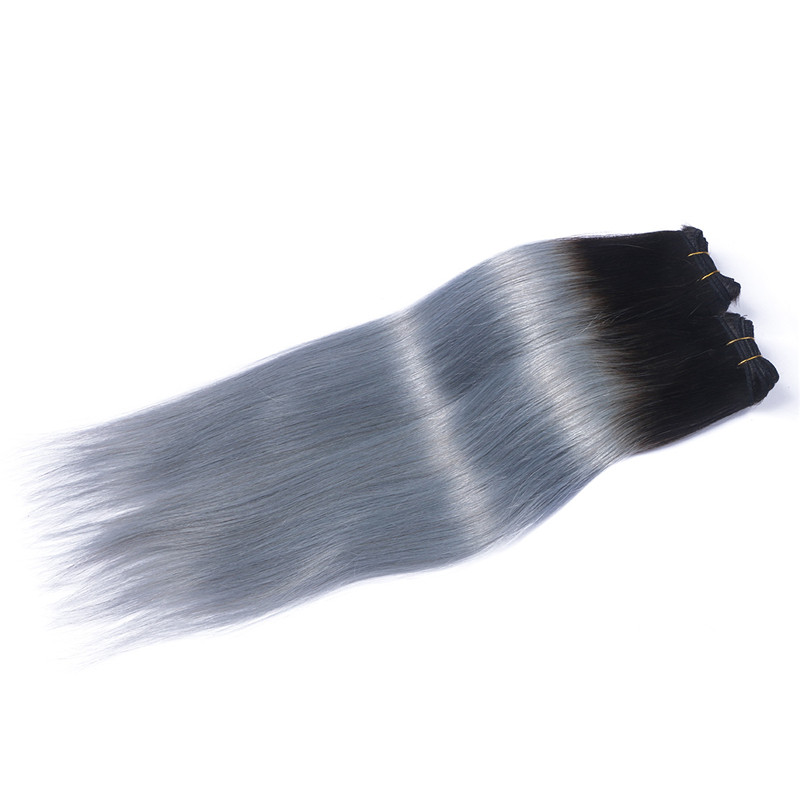 Full Head Clip In Human Hair Extensions Grey Straight Brazilian Virgin Hair Ombre Two Tone Color Dark Root To Grey Hair 120gram