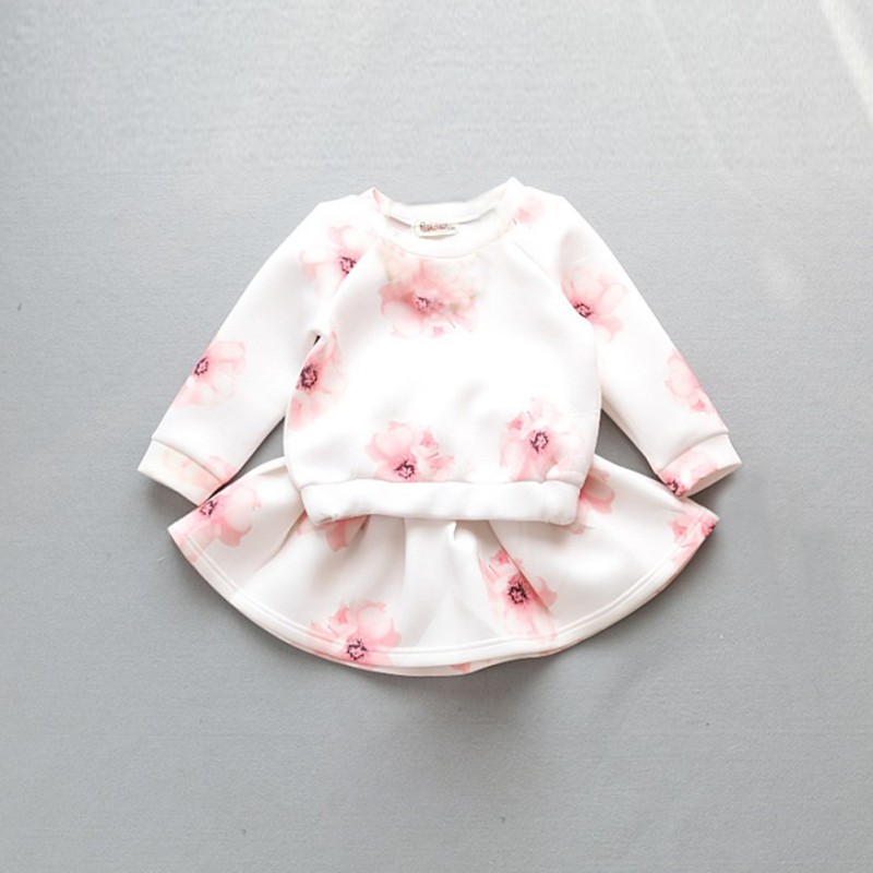 Wholesale- Korean Autumn Kids Clothes Baby Girl Floral Long Sleeve T-shirt + Skirt Fashion Girls 2 Pcs Set Children Clothing