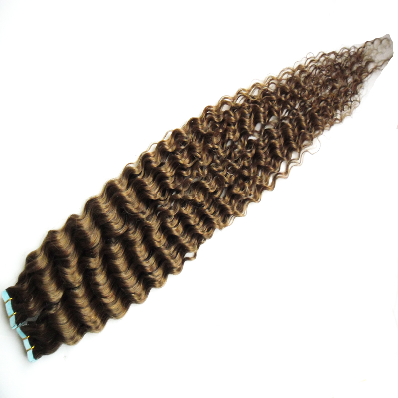 #4 Dark Brown Deep Curly Brazilian Virgin Hair Skin Weft Hair Extensions 40 pieces 6A 100g tape in human hair extensions