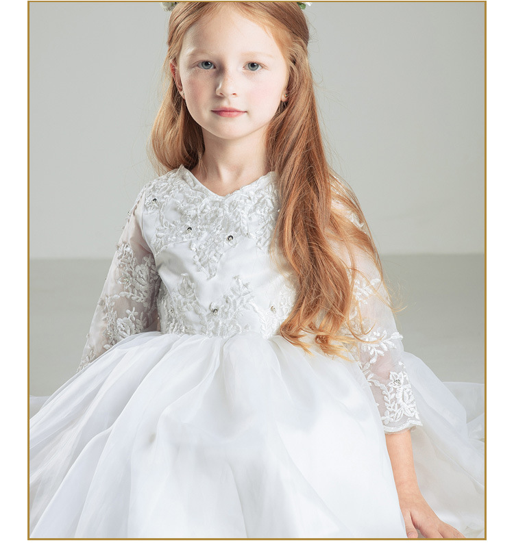 High Low Lace Flower Girl Dresses 3/4 Long Sleeves Beaded First Communion Vintage Little Girls Pageant Dresses With Bow Children