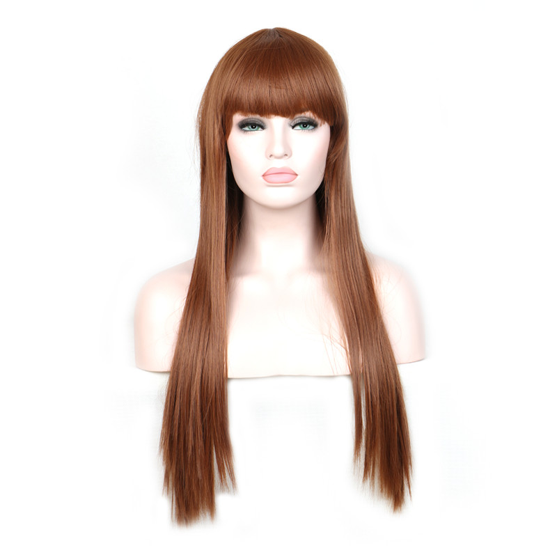WoodFestival long straight hair wigs heat resistant synthetic fiber burgundy black brown flax wig with bangs 70cm realistic sof women