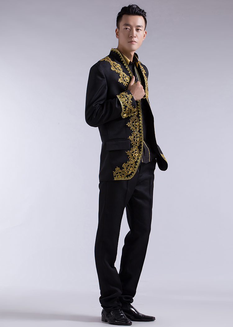 Wholesale-NEW Chinese wedding tuxedo gold embroidery applique men white for wedding men gold suits