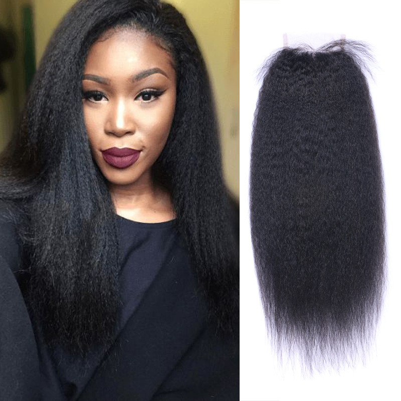 Afro Kinky Straight Brazilian Hair Bundles With Closure Human Hair Weaves Closure 4x4 Free Part Natural Color 1B Black