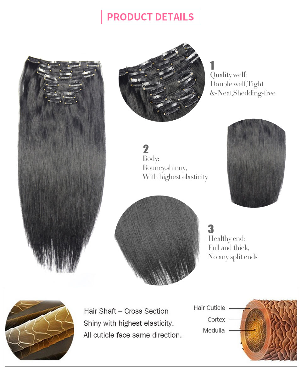 16"-26" 10pcs set 120g-300g Clips in/on 100% Brazilian Remy Human Hair Extension Full Head Natural Straight
