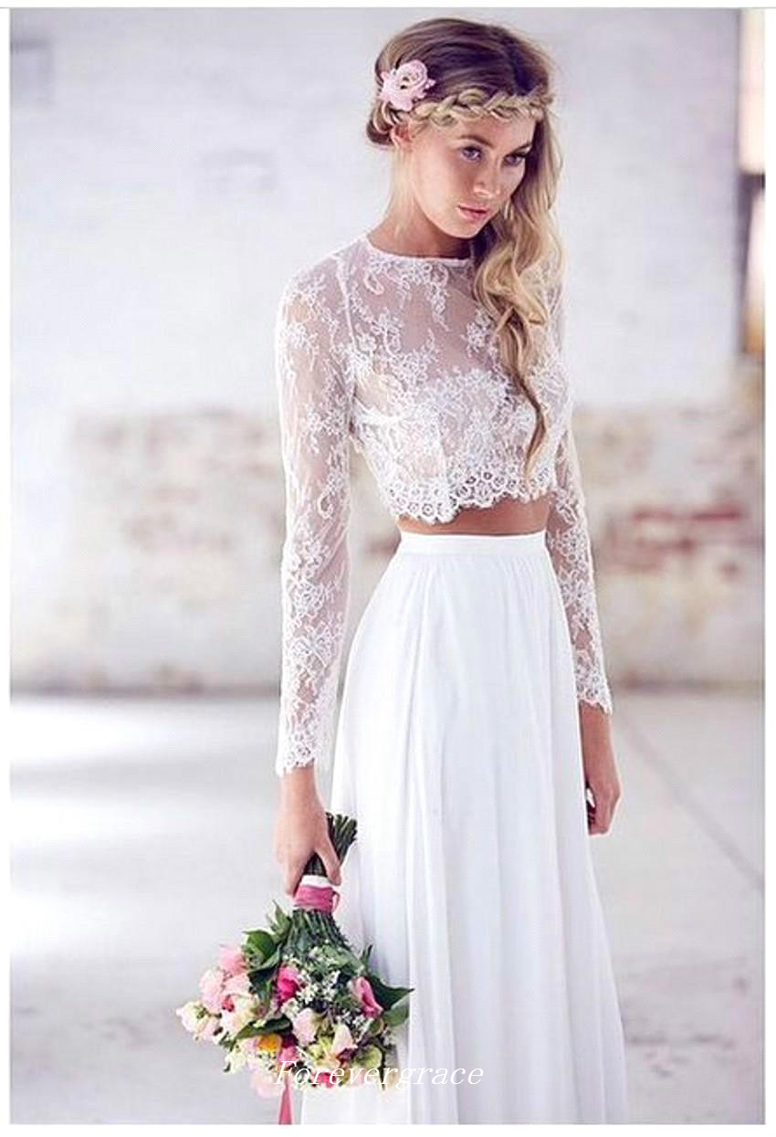 Boho Lace Two Pieces Wedding Dress High Quality Long Sleeves Chiffon Beach Summer Women Wear Bridal Gown Custom Made Plus Size