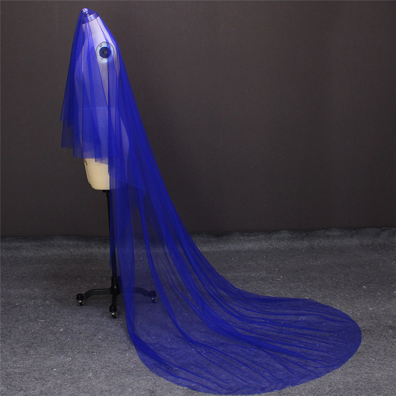 Breathtaking Blue Wedding Veil WITHOUT Comb 3 Meters Cut Edge Single Layer No Comb Bridal Veil