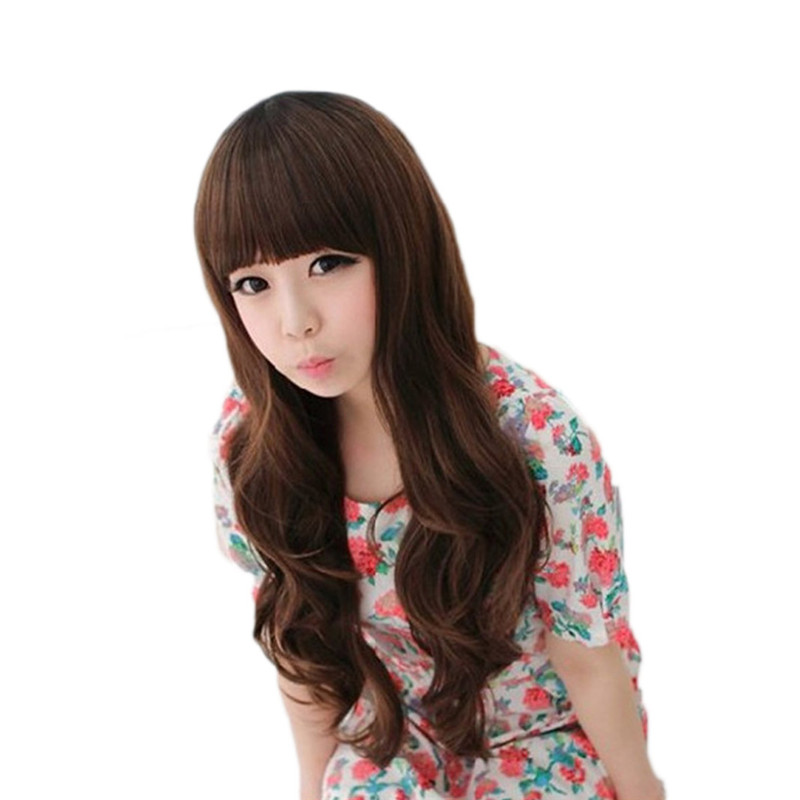 WoodFestival long wavy wig neat bangs brown black synthetic wigs curly natural fiber hair fashion