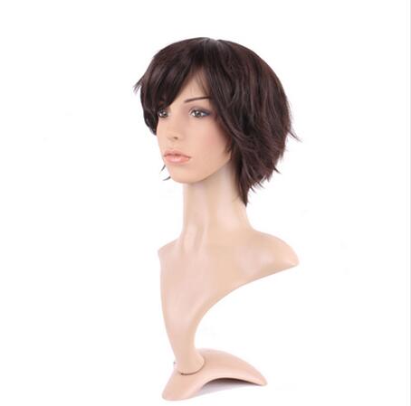 100% Real Natural Silky Straight Dark brown Party BOB Hair Wig Synthetic Wigs with Bangs Full Head