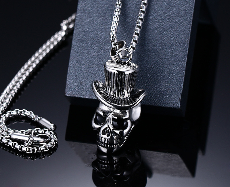 Men's Skull Wind Hat Gentleman Rock & Roll Cowboy Pendant Necklace Stainless Steel Vintage Punk Halloween Jewelry with 24inch PN-146