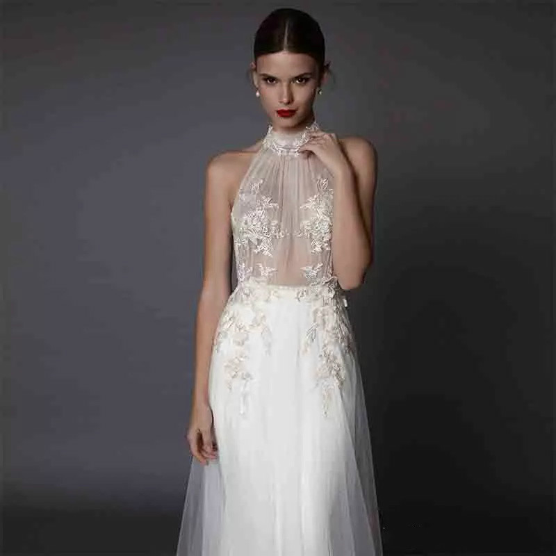 Tulle Halter Backless Beach Wedding Dresses Sexy Berta 2018 Cheap Wedding Gowns Lace Applique Bohemian Bridal Dress Robe De Mariee