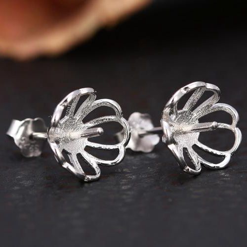 Fine Silver 925 Sterling Silver Plated White Gold 6-9mm Pearl Semi Mount Women Stud Earrings Jewelry Setting