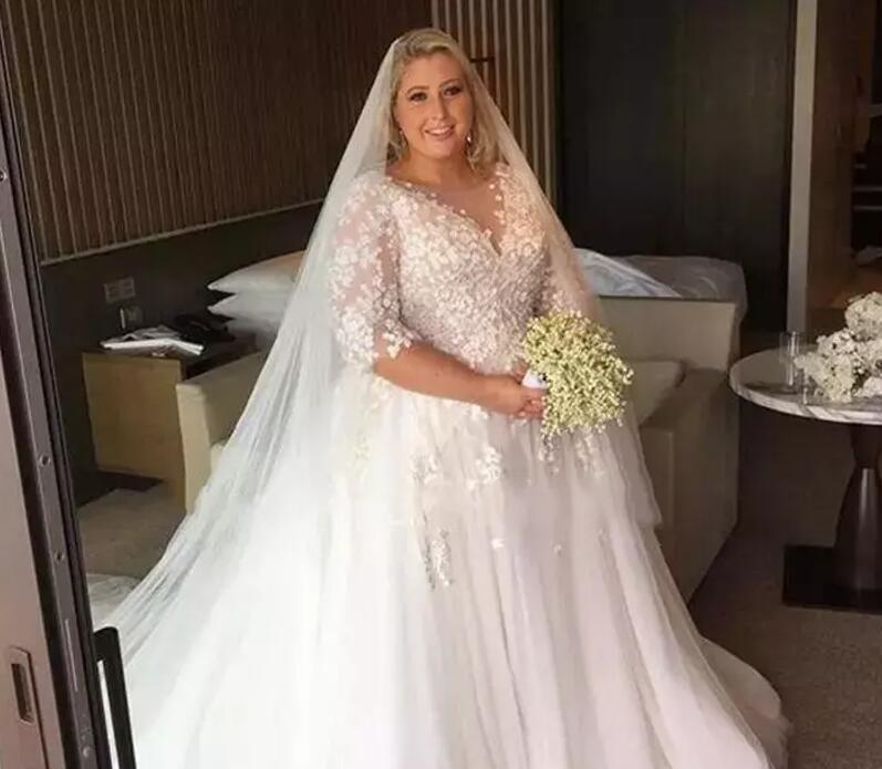 Plus Size Wedding Dresses 2017 Real Photos Lace Sheer V Neck Half Sleeve Tulle Court Train Long Bridal Gowns Custom Made China EN11065