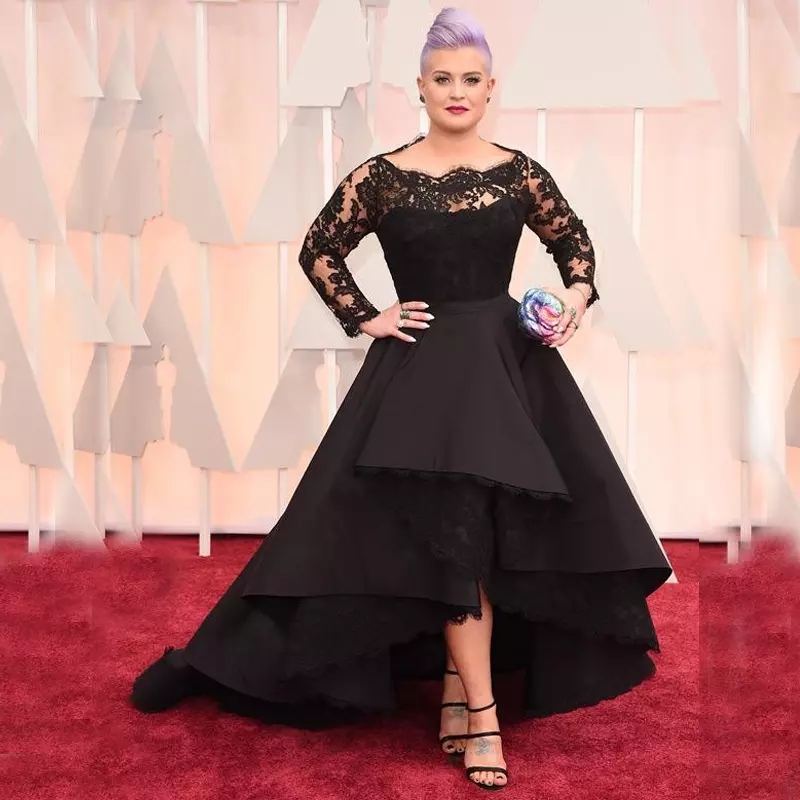 Chic Black High Low Formal Dresses Evening Wear Sheer Bateau Neck Plus Size Lace Evening Gowns With Long Sleeves Tiered Cheap Prom Dress