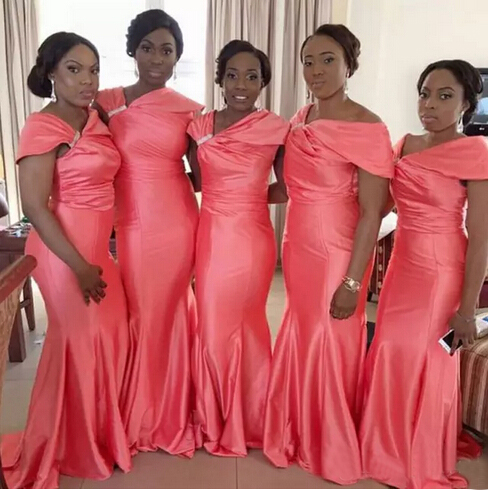 Vintage 2017 New Taffeta Mermaid Bridesmaid Dresses Long Cheap African Short Sleeve Maid Of Honor Gowns Plus Size Custom Made EN3131