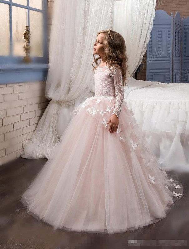 Long Sleeves Ball Gown Flower Girls Dresses Full Butterfly Kids Pageant Gowns Little Baby Birthday Party