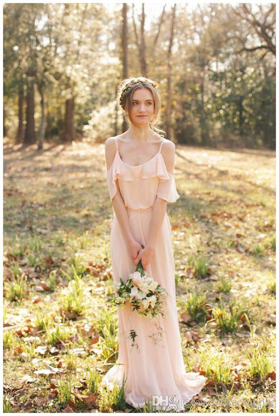 Cheap Country Style Pretty Blush Bridesmaid Dress Mixed Style Blow Chiffon Boho Long Bridesmaid Dresses Beach Wedding Party Gowns