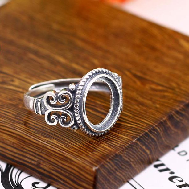 Sterling Silver 925 Oval Cabochon 10x12mm Art Nouveau Semi Mount Engagement Ring Antique Retro Fine Silver Jewelry