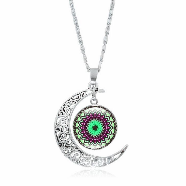 Free ship Bursts of mandala flower gemstone necklace silver half moon pendant jewelry WFN197 (with chain) mix order 20 pieces a lot