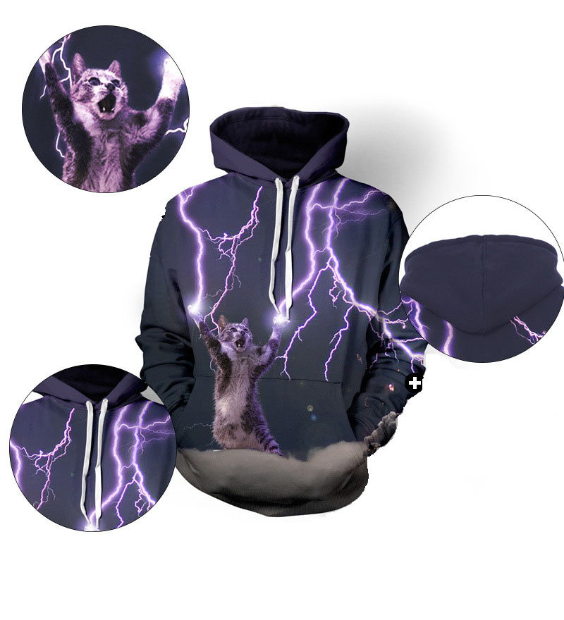 Free ship thunderbolt cats Men's Hoodies Sweatshirts purple stars digital printing loose large size couple hooded sweater men MH031 Mens Hoodie S