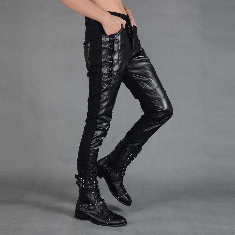 Male Korean Velvet thickening slim fashion leather trousers winter high quality slim special pants men show for singer dancer stage nightclub leather 