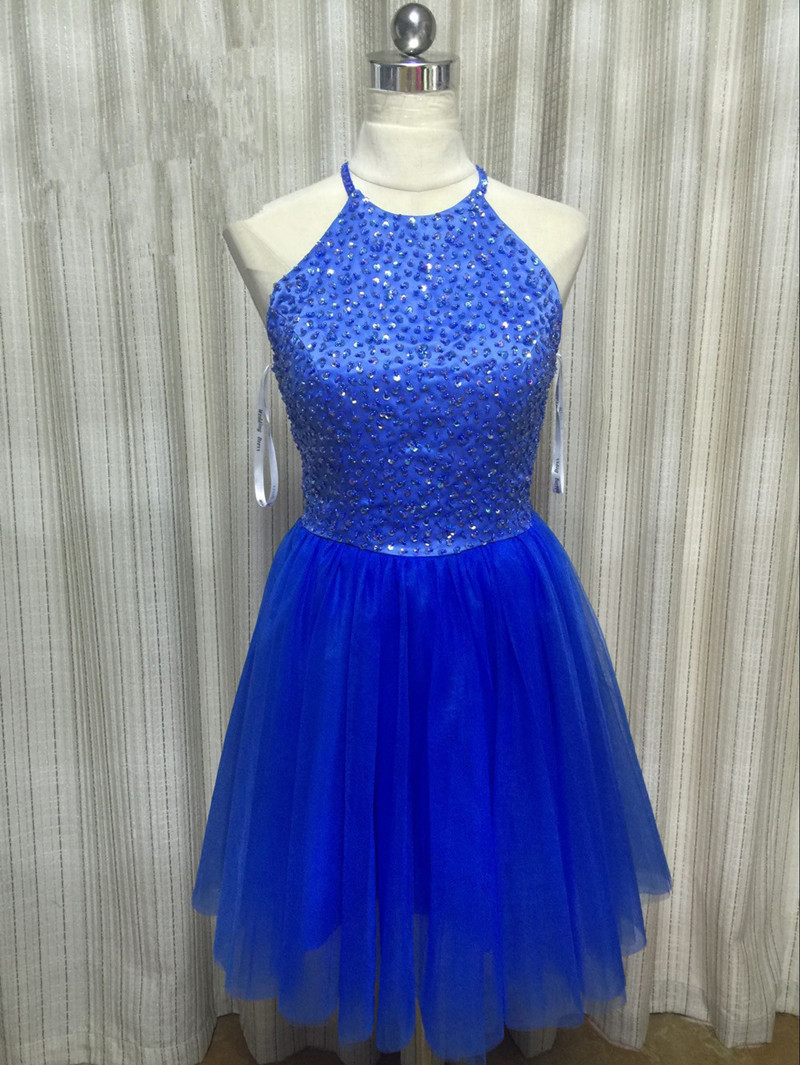 2017 Sexy Blue Sequined Backless A-Line Mini Homecoming Dress With Beading Tulle Graduation Prom Party Gown BH03
