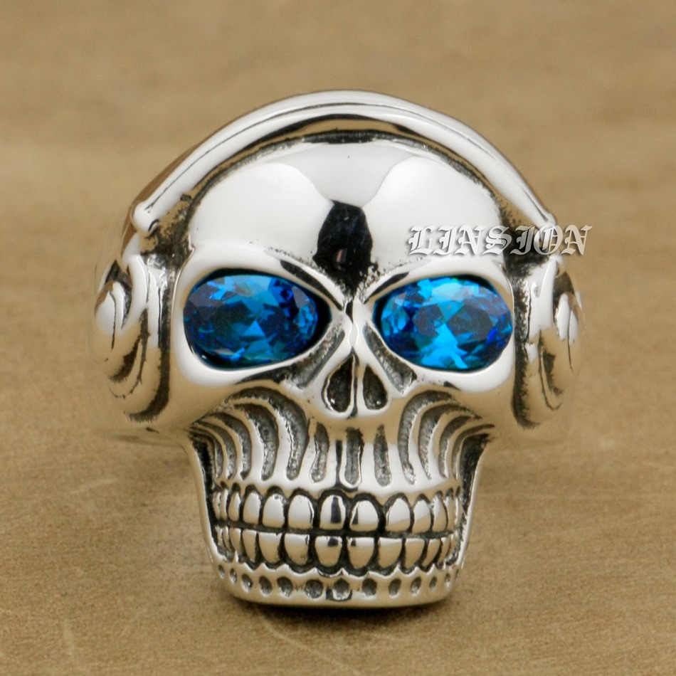 

LINSION Blue CZ Eyes 925 Sterling Silver DJ Skull Studio Music Headphone Mens Boys Biker Rock Punk Ring 8Y111 US Size 7 to 15